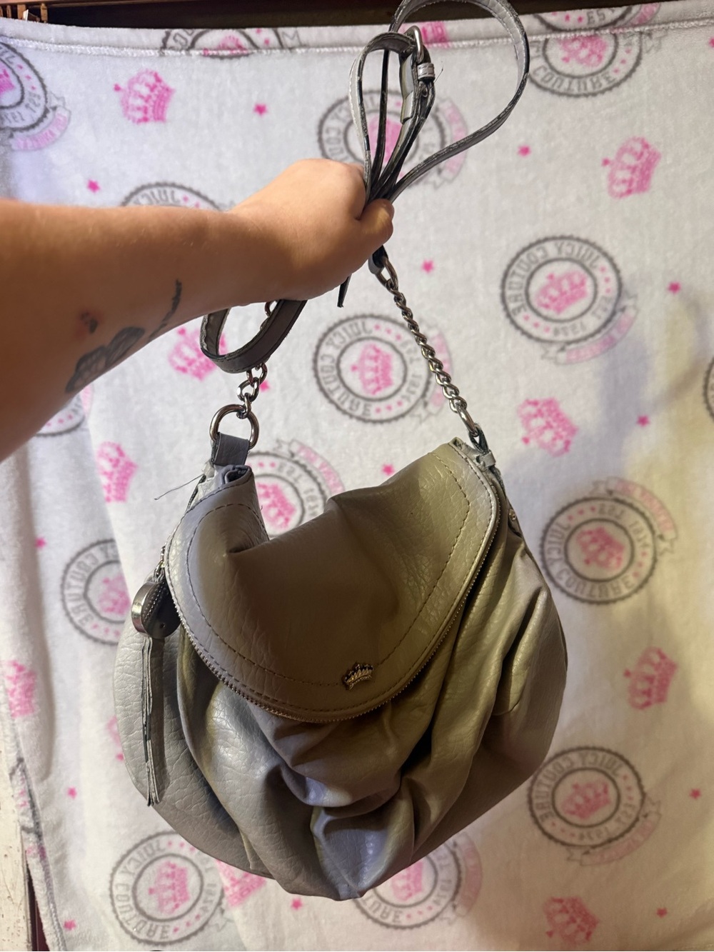Juicy Couture Taupe Leather Shoulder Bag with Chain Strap